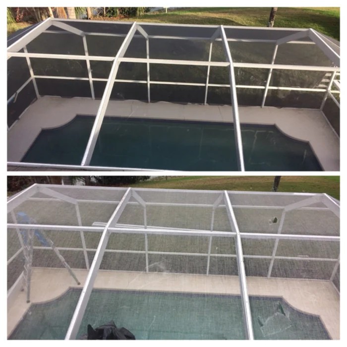 Before and after full pool cage roof rescreen