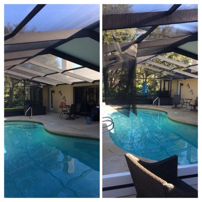 Pool cage screen repair in progress