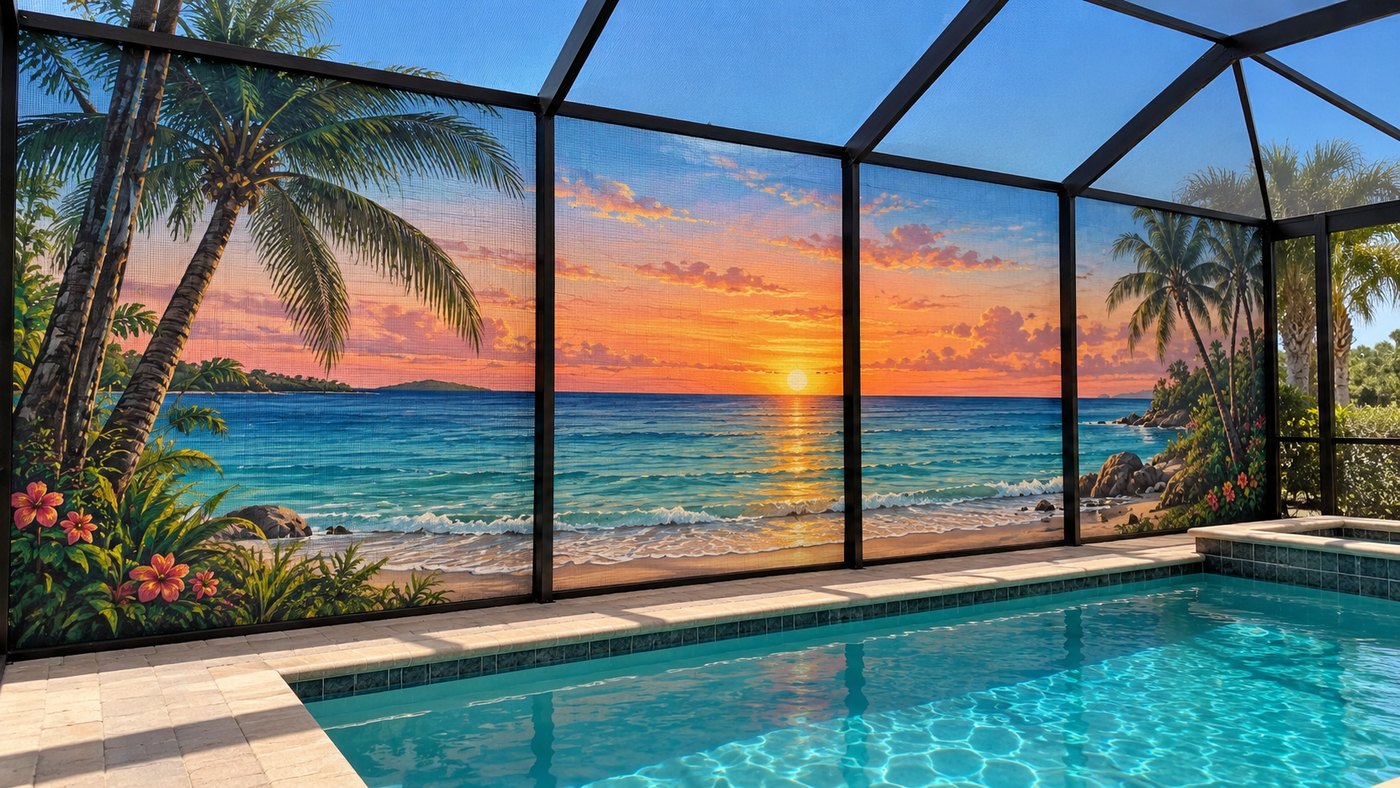 Illustrative beach sunset mural on a pool enclosure