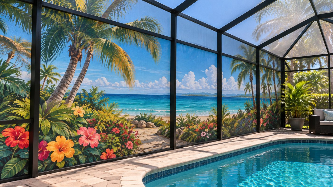 Illustrative tropical beach mural on a screened lanai